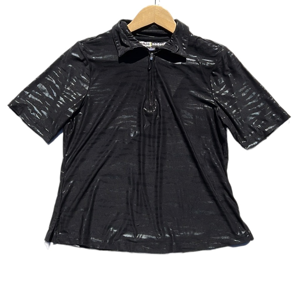 Jamie Sadock Black/Black Animal Print Shiny Zipper Golf Polo Size Medium